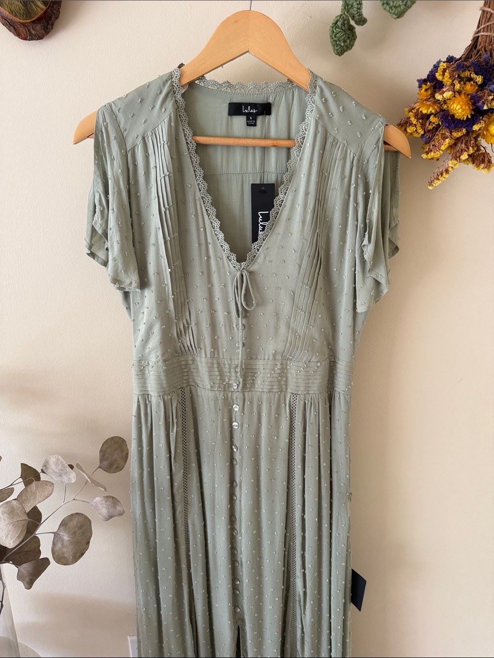 Lulu's Sage Green Swiss Dot Lace-Trim Maxi Dress NWT Small